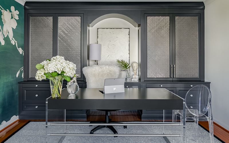 Home Office Interior Design Desk with White Furry Office Chair