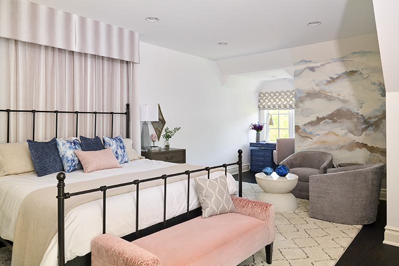 Teen girl bedroom with dreamy cloud mural, pink bench, and soft neutral palette – luxury interior design for kids’ spaces that age beautifully.